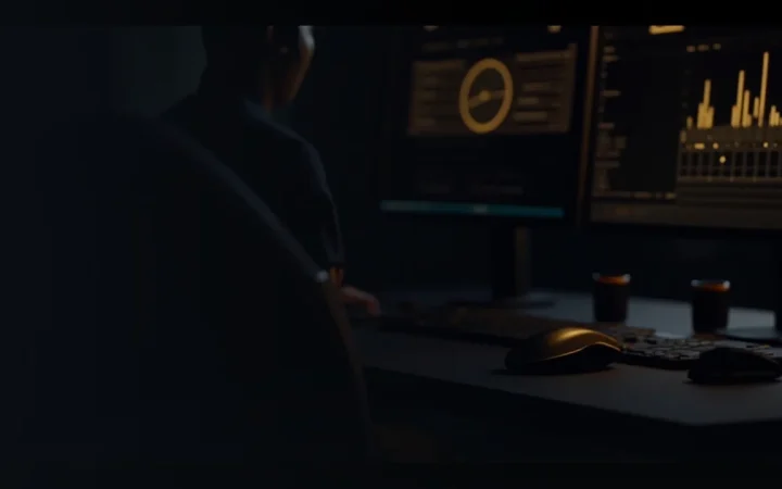 Un bureau sombre avec des écrans dorés lumineux affichant des graphiques et des cadrans abstraits.