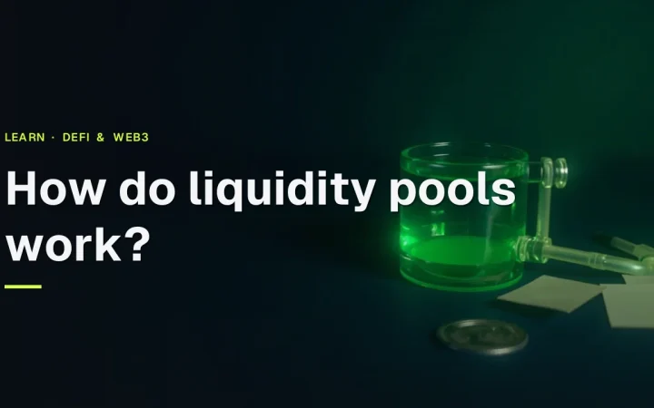 The guide title sits over a dark navy scene of glass tanks of glowing green liquid and blank coins.