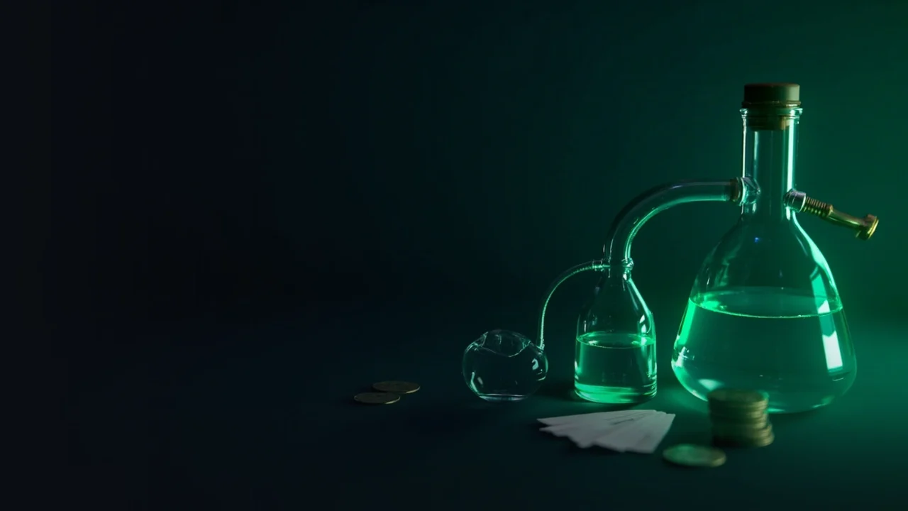 A dark navy scene of glass tanks of glowing green liquid and blank coins.