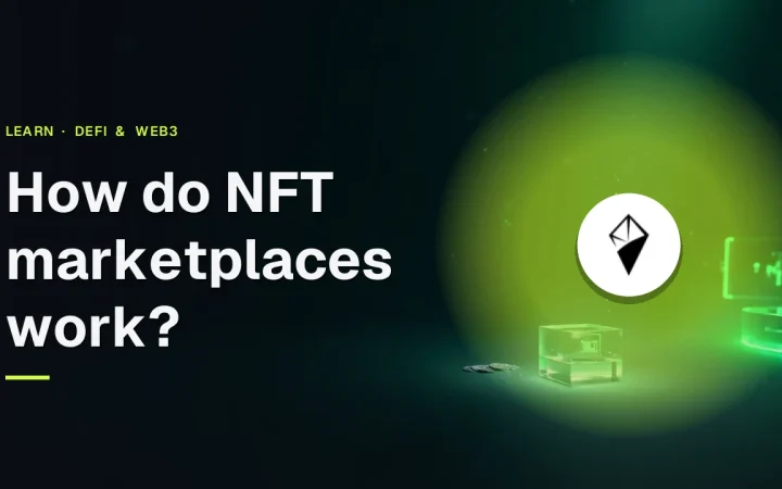 Titlen Hvordan fungerer NFT-markedspladser med AINFT-logoet over svævende glaskuber, blanke tokens og et vault i grønt lys.