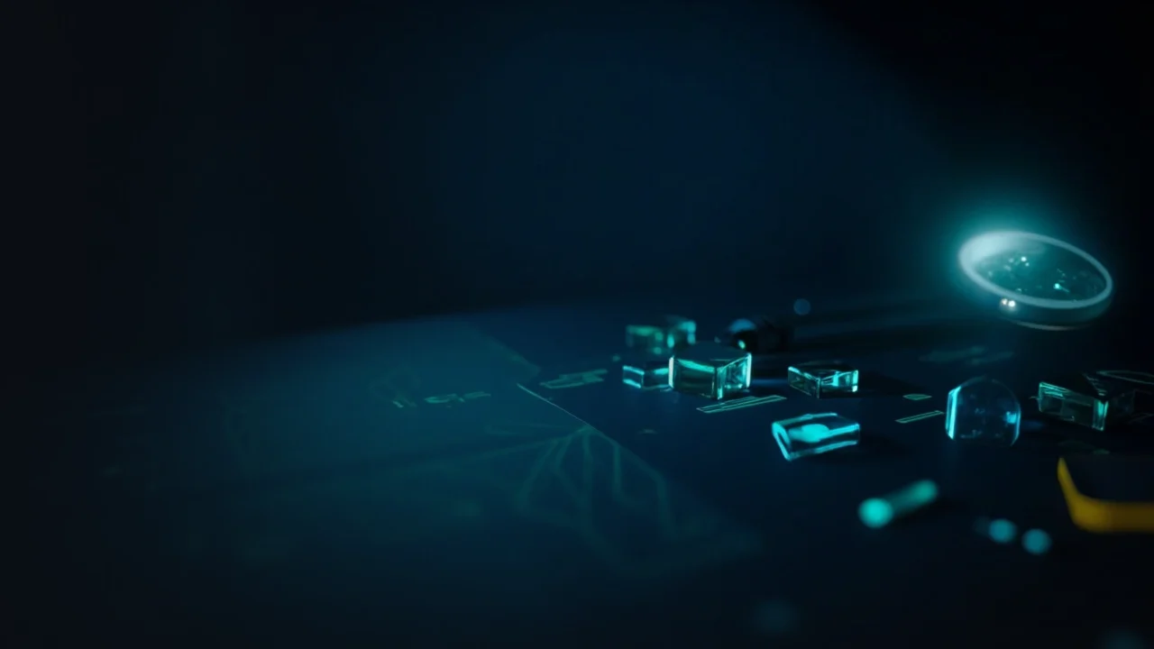 In teal text over a dark navy background with glowing circuits, glass tokens, and a magnifying glass.