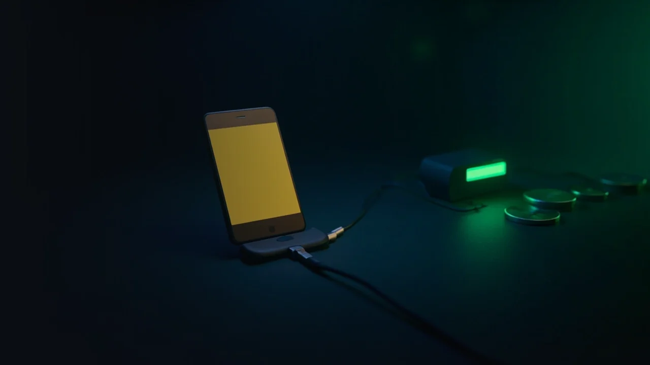 Ein dunkelblauer Schreibtisch mit einem Telefon, einer Stahl-Wallet-Platte, einem Kabel und leeren Metallplättchen auf der rechten Seite.