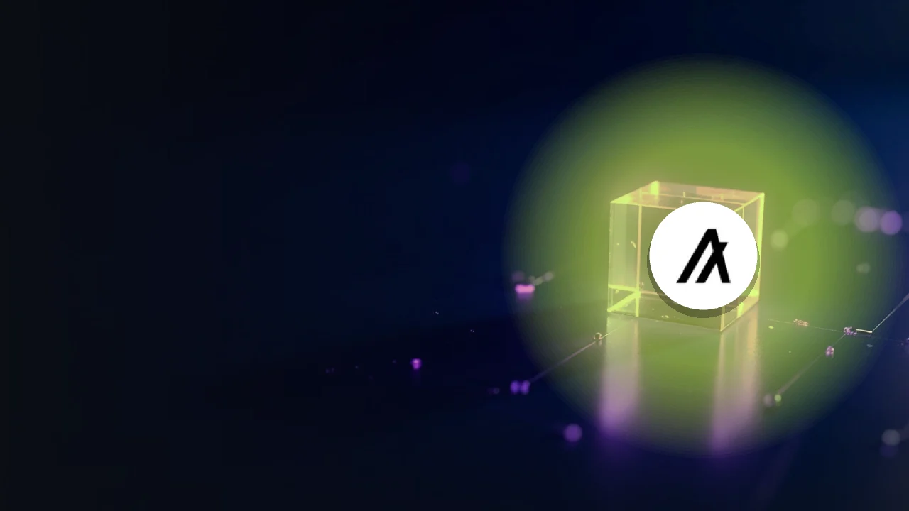The Algorand logo over a dark background with glowing violet glass blocks linked by light.