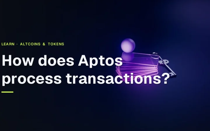 The title How does Aptos process transactions? appears over a dark navy background with glowing violet glass cards and a key on the right.