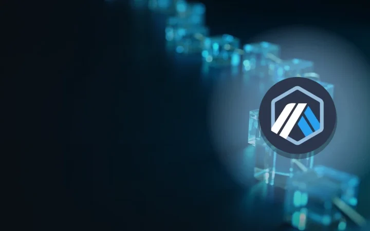 The Arbitrum logo over a dark navy background with a glowing cyan chain of glass blocks on the right.