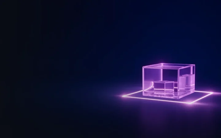 En mørk navyblå baggrund med glasblokke forbundet af violet lys til højre.