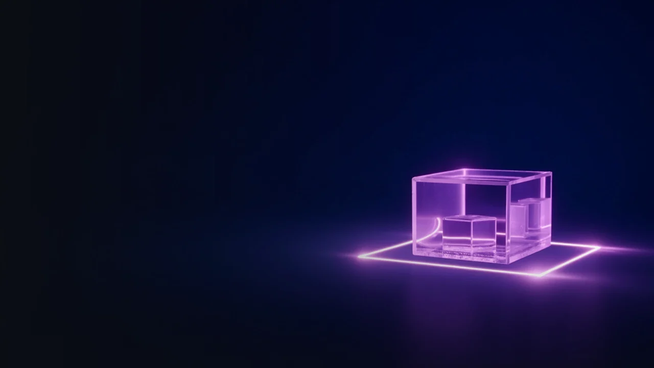 En mørk navyblå baggrund med glasblokke forbundet af violet lys til højre.