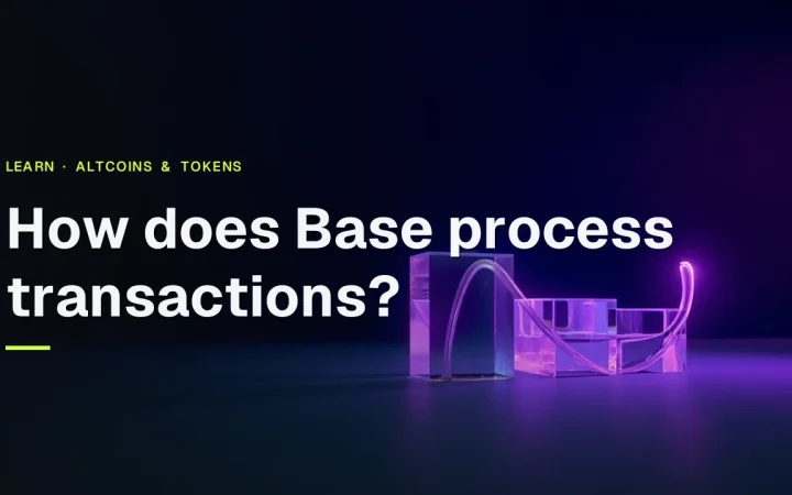 The title How does Base process transactions? over a dark navy background with glass blocks joined by violet light on the right.
