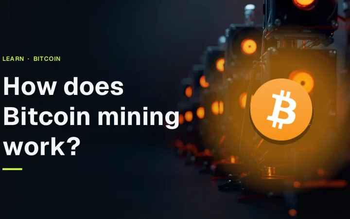The guide title How does Bitcoin mining work with the Bitcoin logo over rows of mining machines with glowing orange fans.