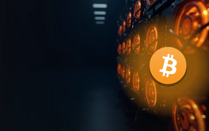 The Bitcoin logo over rows of mining machines with glowing orange fans.