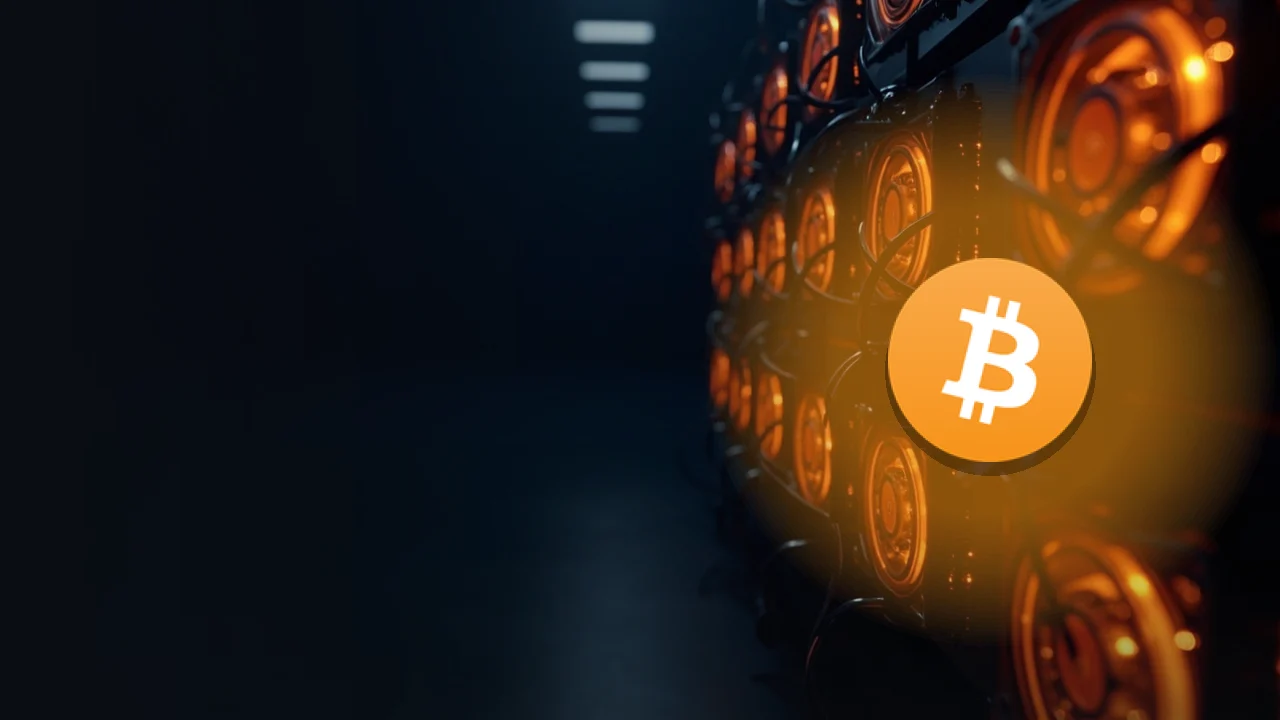 Bitcoin-logoet over rækker af mining-maskiner med glødende orange blæsere.