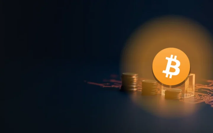 Bitcoin-logoet over en mørk baggrund af tomme mønter og en glødende glasblok.