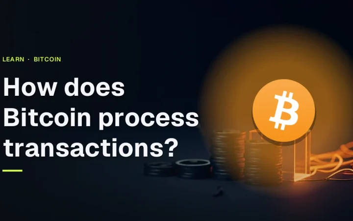 Bitcoin guide cover with title, the Bitcoin logo, and a dark background of blank coins and a glowing glass block.