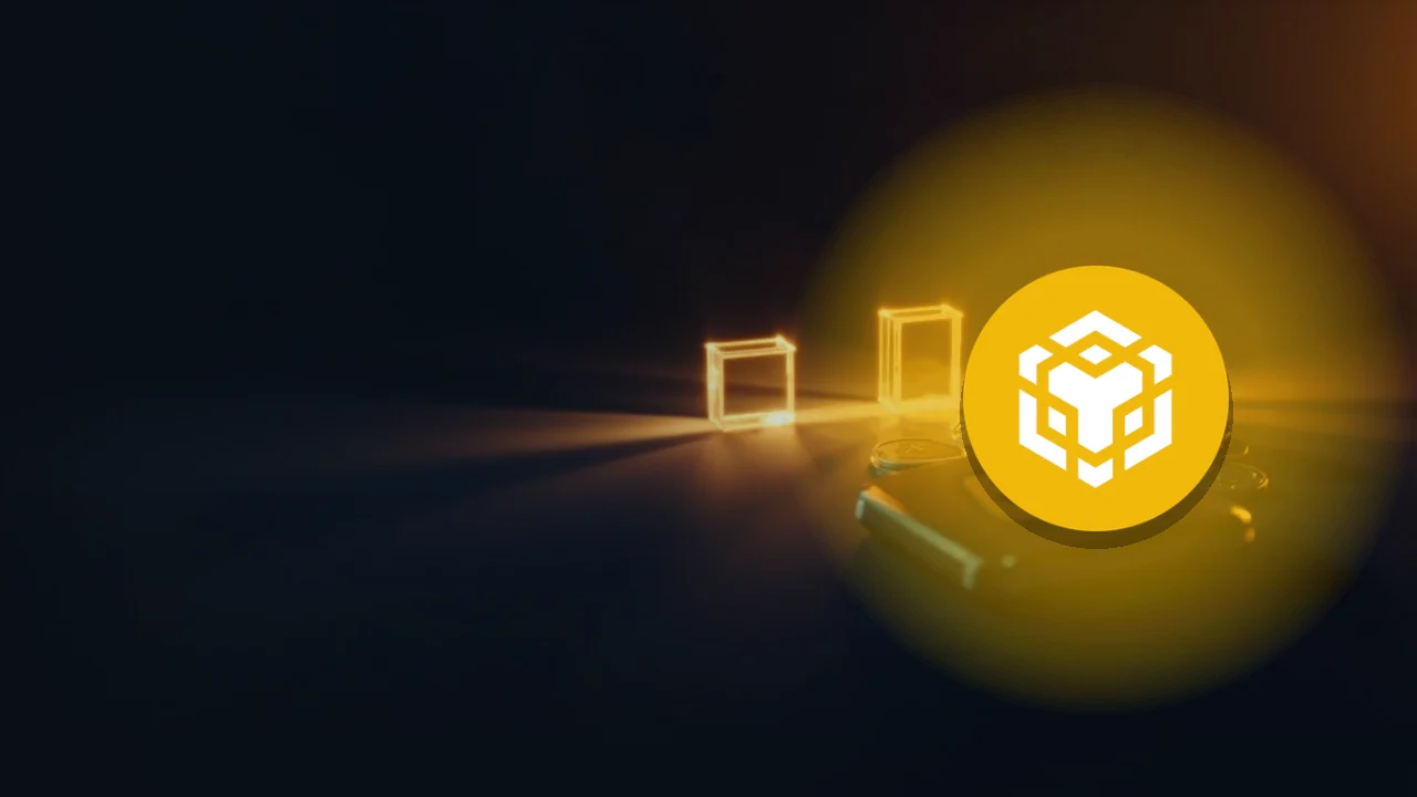 The BNB logo over a dark navy background with glowing gold glass blocks joined by light beams.
