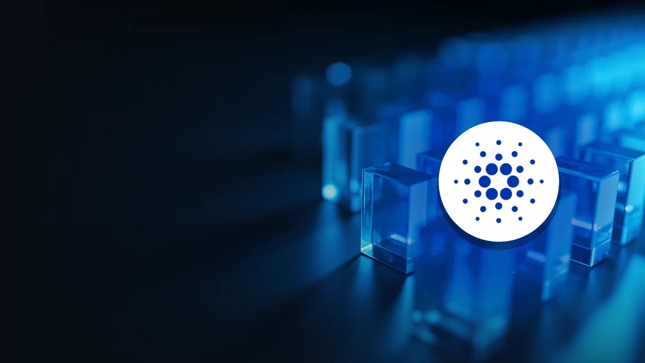 The Cardano logo over glowing glass blocks linked by blue light on a dark navy background.
