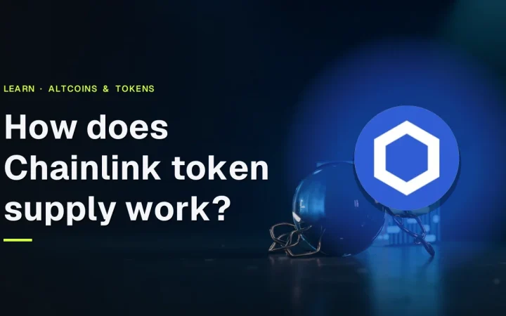 The title How does Chainlink token supply work? and the Chainlink logo over a dark navy background with glowing blue chain links and a glass sphere.