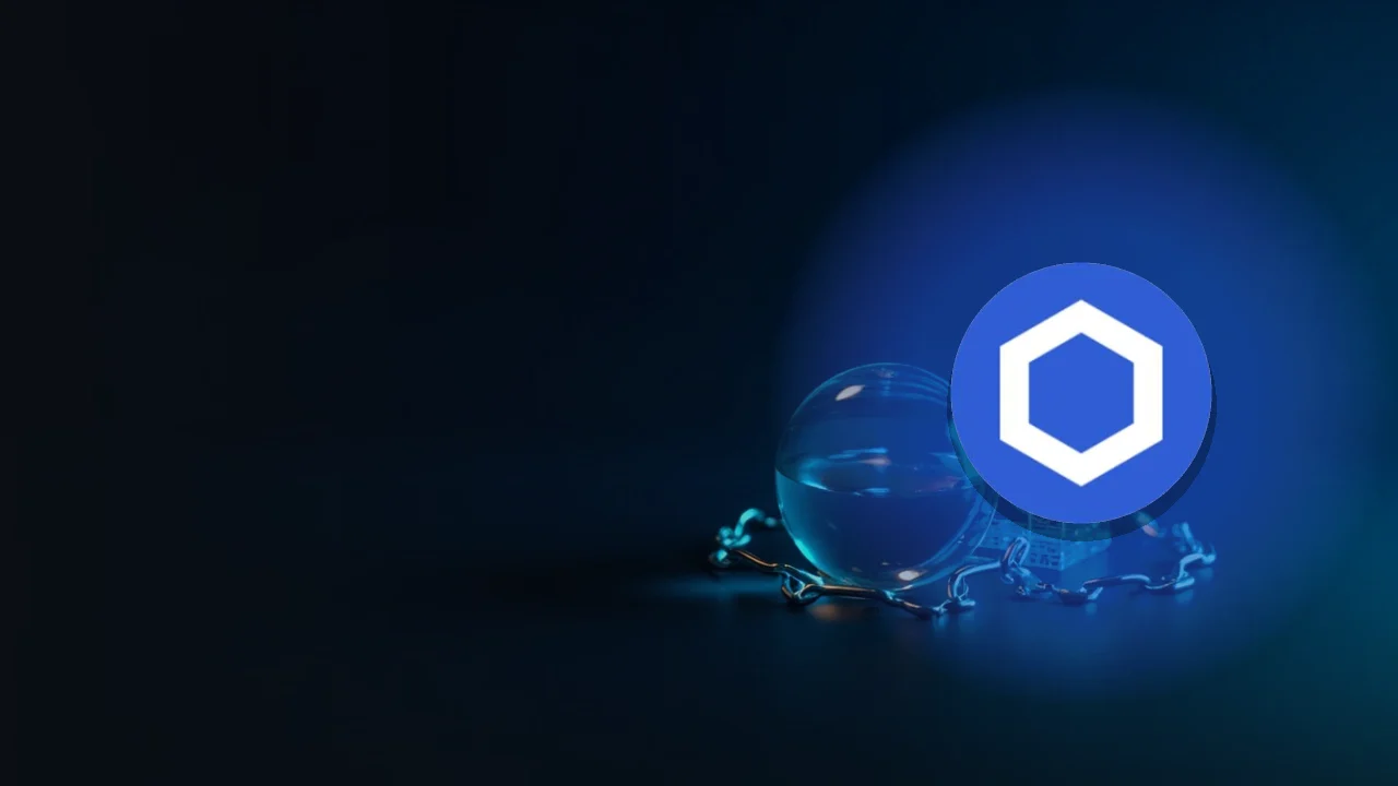 The Chainlink logo over a dark navy background with glowing blue chain links and a glass sphere.