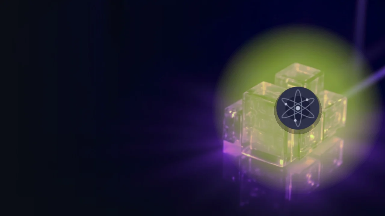 The Cosmos logo over glowing violet glass blocks joined by light beams on a dark navy background.