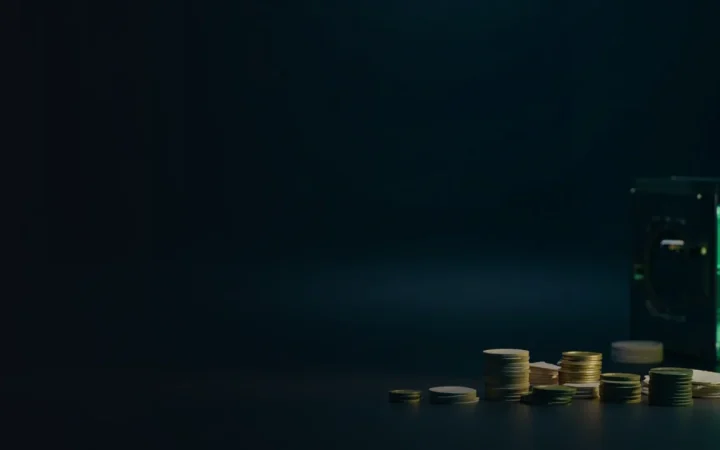 Un fond bleu marine foncé avec un coffre en verre, des pièces vierges et du papier-monnaie éclairés par une lueur vert émeraude.