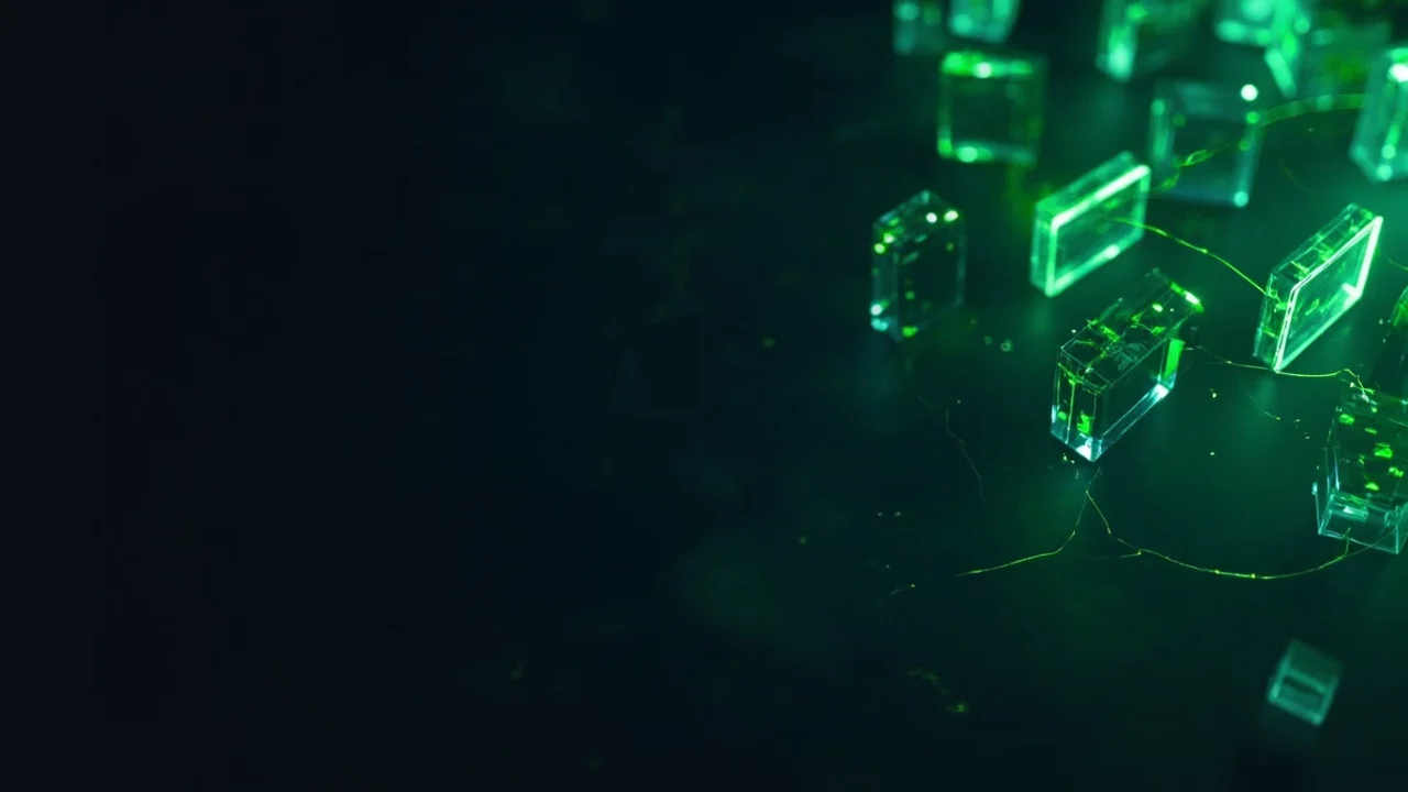 Glowing glass blocks and nodes on a dark navy background.