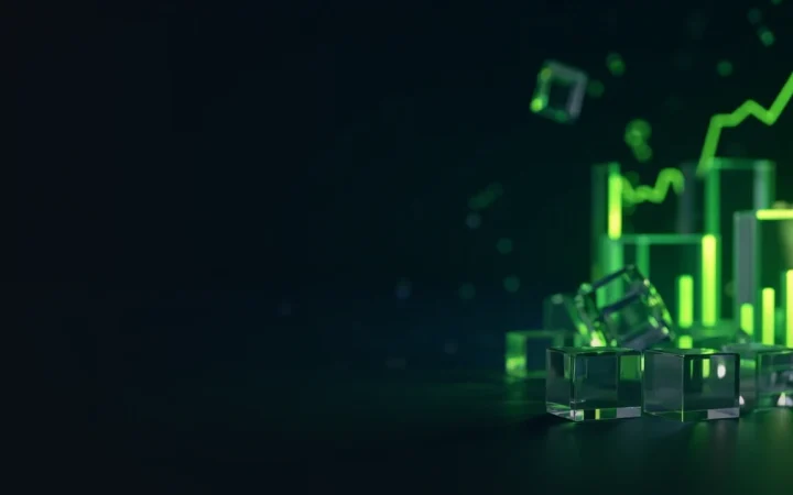 A dark navy background with glowing lime green abstract bars and dials.