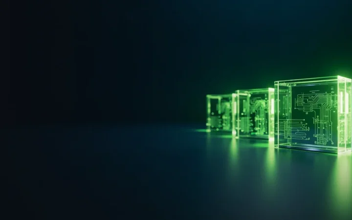Ein dunkelblauer Hintergrund mit leuchtenden Glasblöcken, die rechts durch limettengrünes Licht verbunden sind.