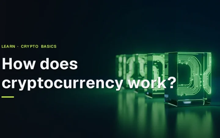 The title How Does Cryptocurrency Work over a dark navy background with glowing glass blocks joined by lime green light on the right.