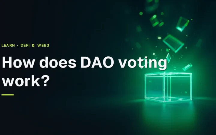The title How does DAO voting work over a dark scene of a glowing emerald ballot box and floating glass cubes.