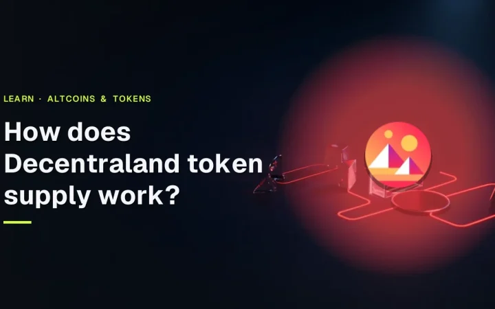 Titlen Hvordan fungerer Decentraland-tokenforsyningen? og Decentraland-logoet over glødende røde glasblokke og en tom token på mørk navy.