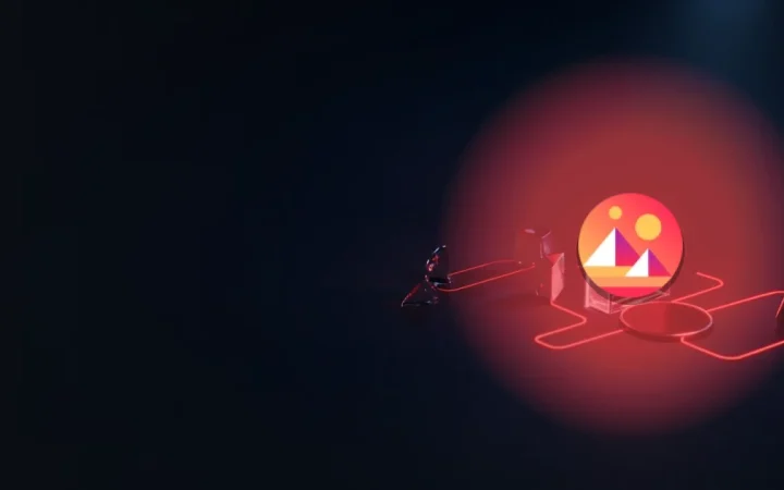 The Decentraland logo over glowing red glass blocks and a blank token on dark navy.