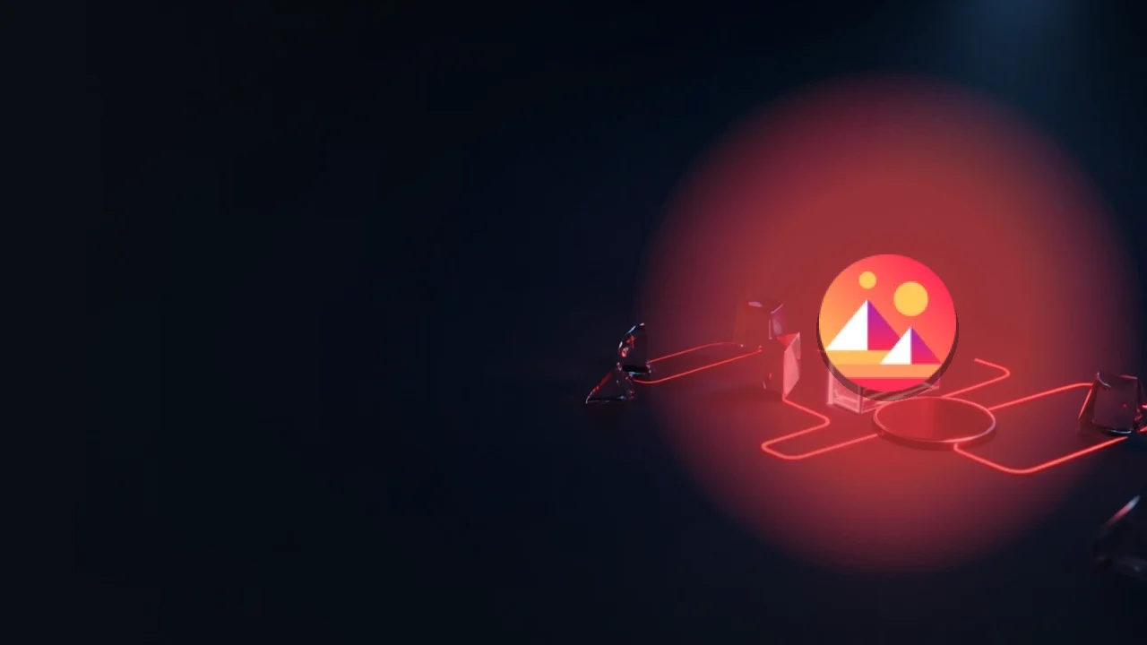 El logotipo de Decentraland sobre bloques de cristal rojo brillante y un token en blanco sobre fondo azul marino oscuro.