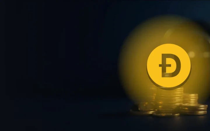 Dogecoin-logoet over en baggrund af guldmønter og et glasvælving på en mørk navyblå base.