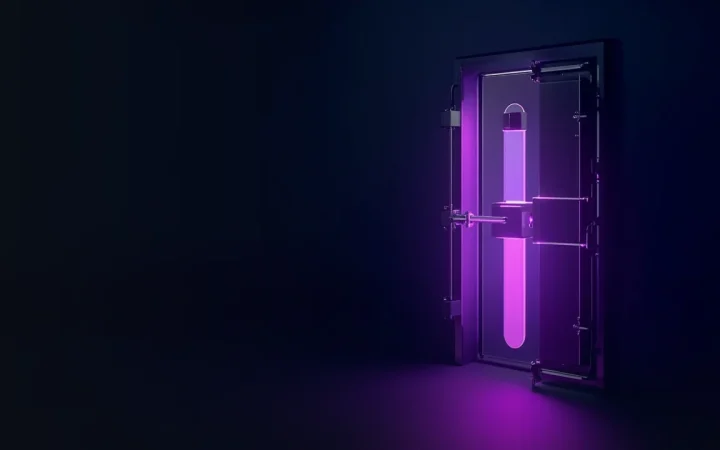 A dark navy scene with a glass vault, glowing violet tubes and cables on the right.