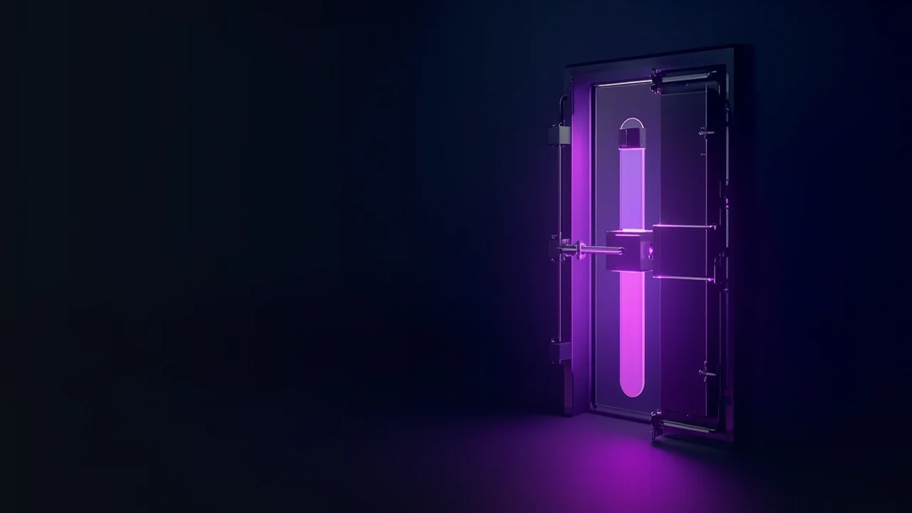 En mörk marinblå scen med ett glasvalv, glödande violetta rör och kablar till höger.