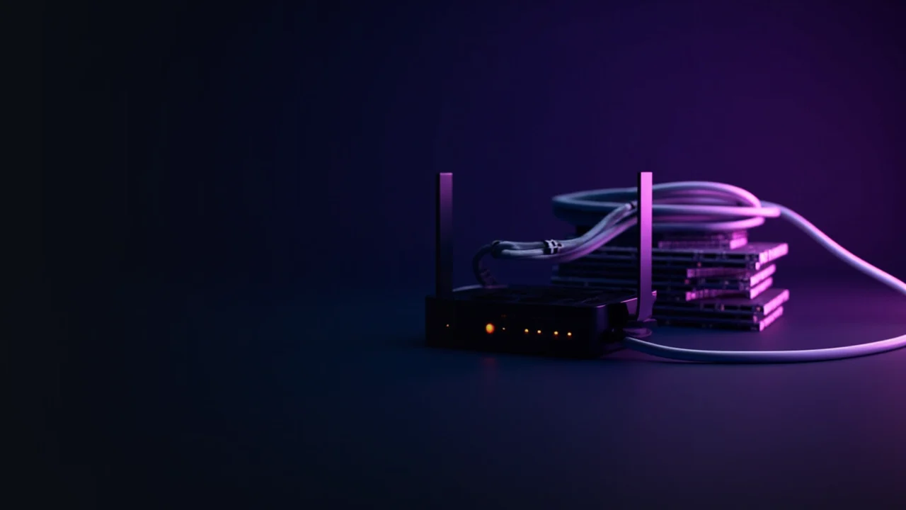 A dark desk with a glowing violet cable, router and blank circuit boards.