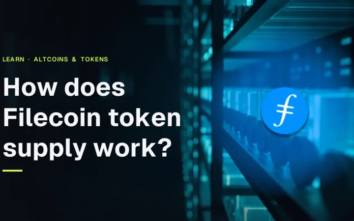 Filecoin guide cover with the Filecoin logo and title over a dark navy vault of glowing cyan server racks and glass storage blocks.