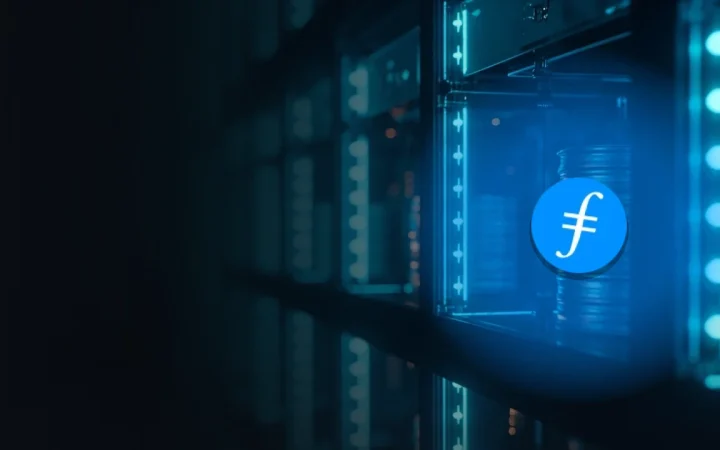 The Filecoin logo over a dark navy vault of glowing cyan server racks and glass storage blocks.