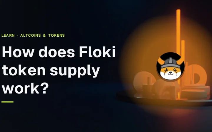 Titlen Hvordan fungerer Floki-tokenudbuddet? og FLOKI-logoet over en mørk navybaggrund med glødende orange bjælker og knapper.