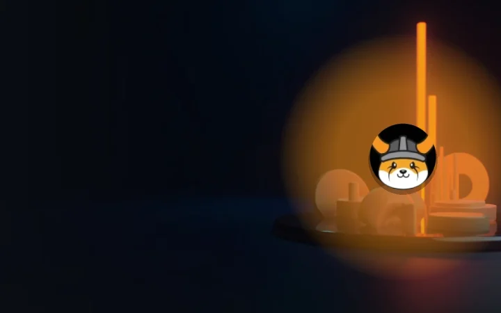 FLOKI-logotypen över en mörk marinblå bakgrund med glödande orange staplar och rattar.