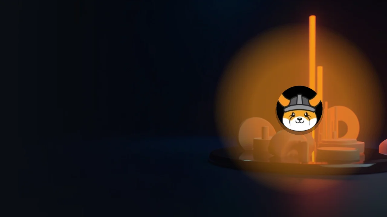 The FLOKI logo over a dark navy background with glowing orange bars and dials.