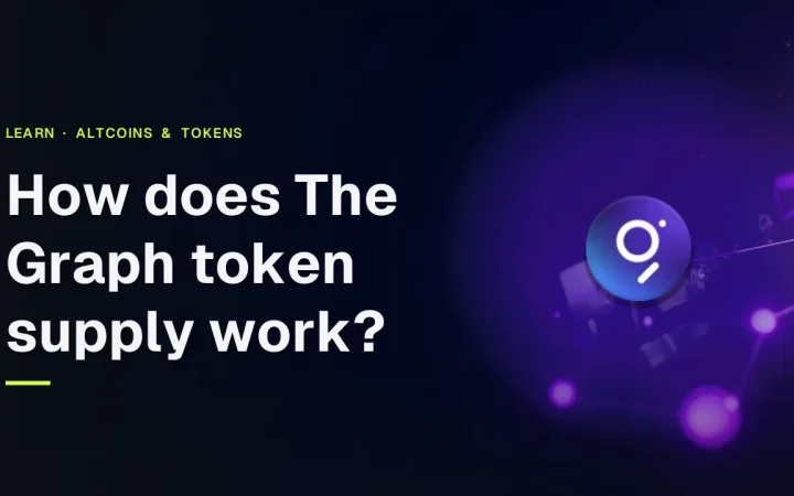 The title 'How does The Graph token supply work?' and The Graph logo over a dark navy background with glowing violet network nodes and lines.