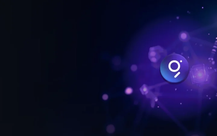 Le logo de The Graph sur un fond bleu marine foncé avec des nœuds et des lignes de réseau violet lumineux.