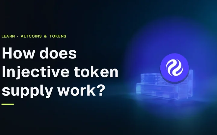 The title How does Injective token supply work with the Injective logo over glowing glass blocks on a dark navy background.