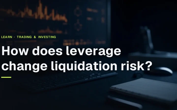 The title 'How does leverage change liquidation risk?' over a dark desk with a glowing screen of abstract orange bars.