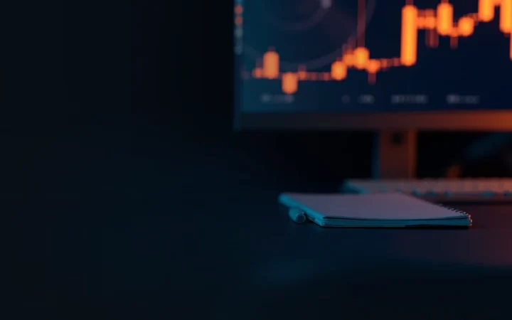 A dark desk with a glowing screen of abstract orange bars.