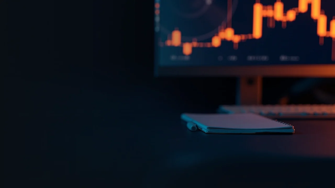 A dark desk with a glowing screen of abstract orange bars.