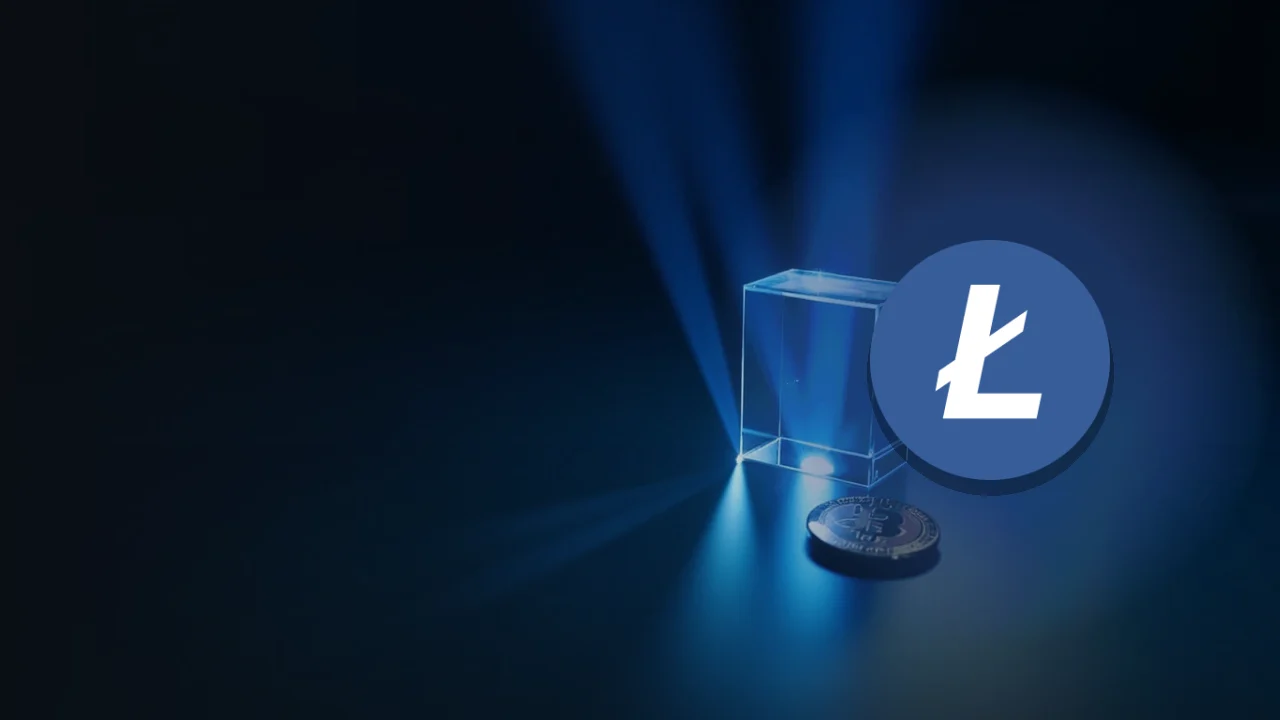 The Litecoin logo over a glowing blue glass block and a blank coin on a dark navy background.