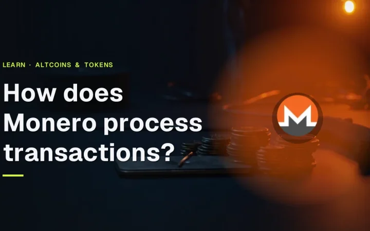 Monero guide cover with the coin logo over a dark navy background of blank metal coins, a steel plate and a black device lit in orange.