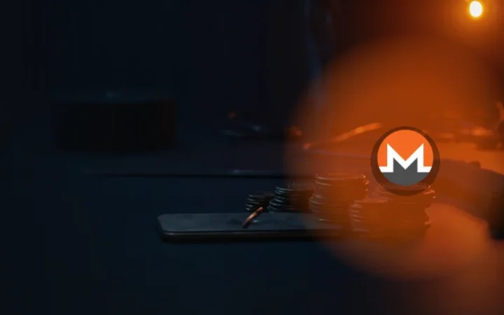 Monero-logoet over en mørk navy baggrund med tomme metalmønter, en stålplade og en sort enhed oplyst i orange.
