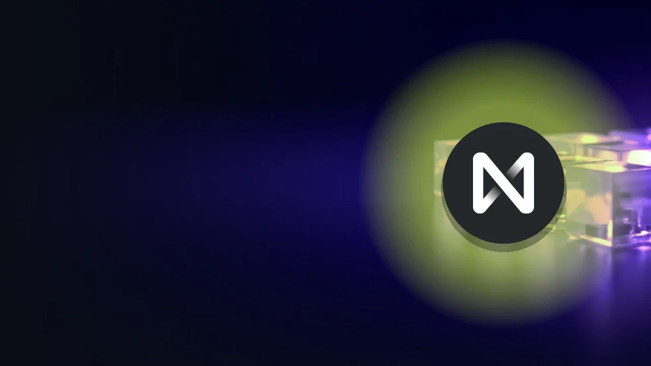 The NEAR Protocol logo over glowing violet glass blocks joined by light threads on a dark navy background.